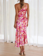 One Shoulder Floral Print Ruched Satin Flared Midi Dress