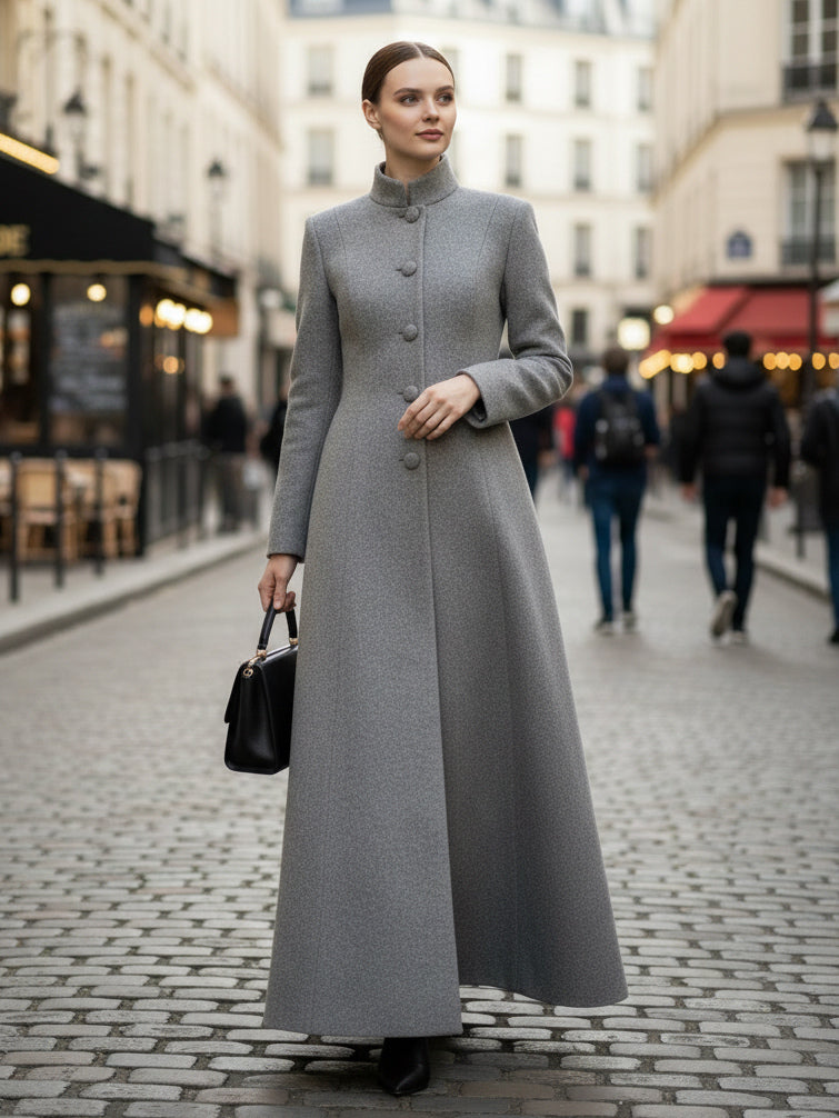 Maxi Wool Blend A-Line Coat with Stand Collar For Women 2026