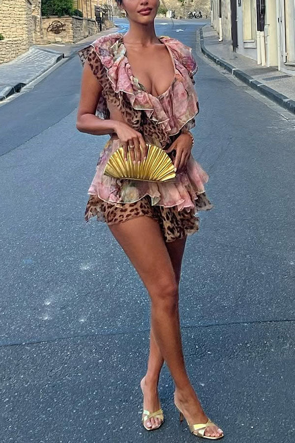 Dreamy Island Floral Leopard Print Cutout Waist Tiered Ruffles Mini Dress
