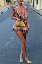 Dreamy Island Floral Leopard Print Cutout Waist Tiered Ruffles Mini Dress
