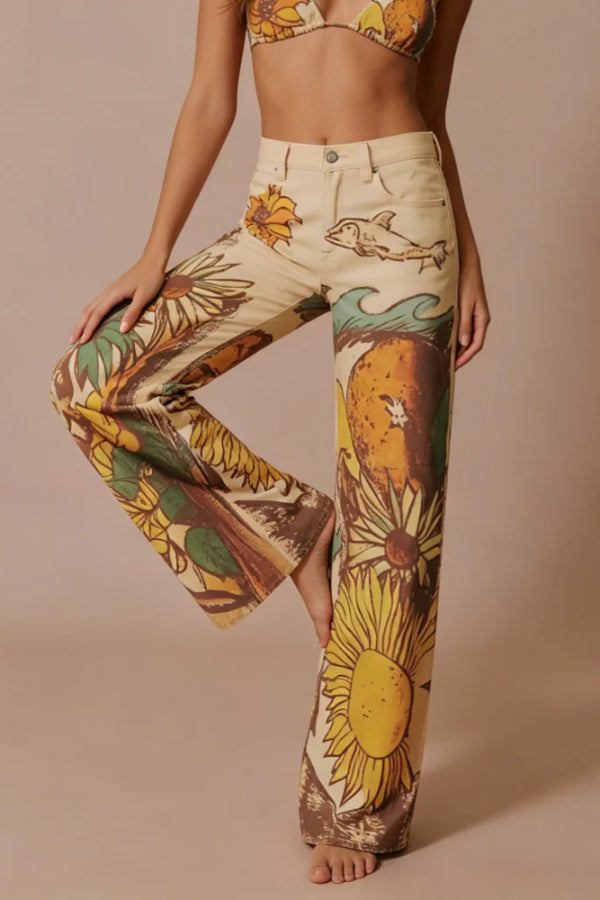 We The Free Denim Playful Doodle Printed Mid Rise Pocket Wide Leg Jeans