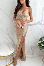 Sequin Surplice V-Neck Spaghetti Strap Side Slit Maxi Dress