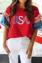 Fiery Red Sequin USA Lettering Patriotic Contrast Splicing Sleeve Top