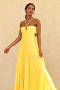 Pleated Halter Neck Cross Strap Keyhole Waist Cut Out Maxi Dress