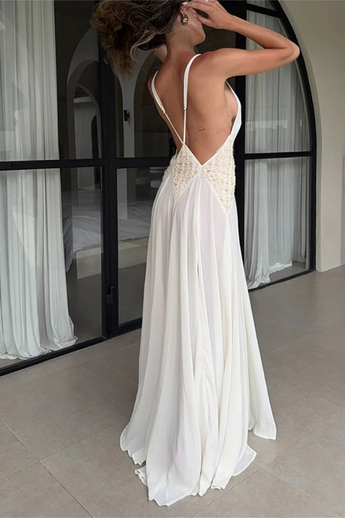 White Backless V-Neck Dress