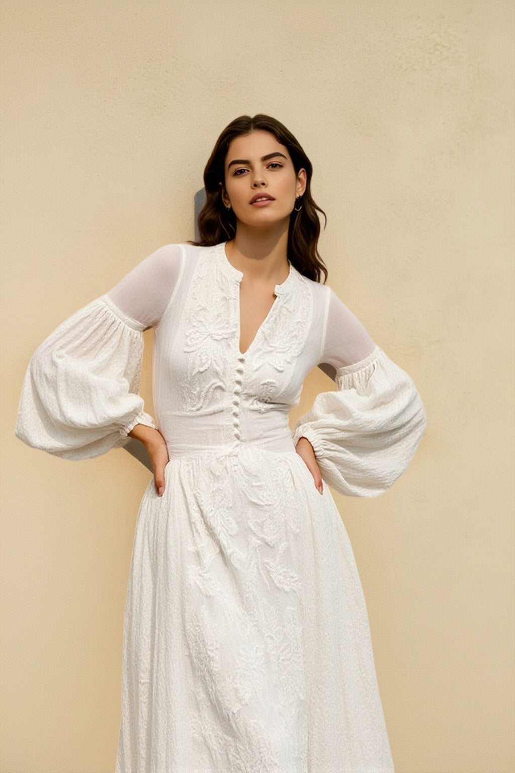 Embroidered Floral Eyelet V-Neck Button Front Bell Sleeve Maxi Dress