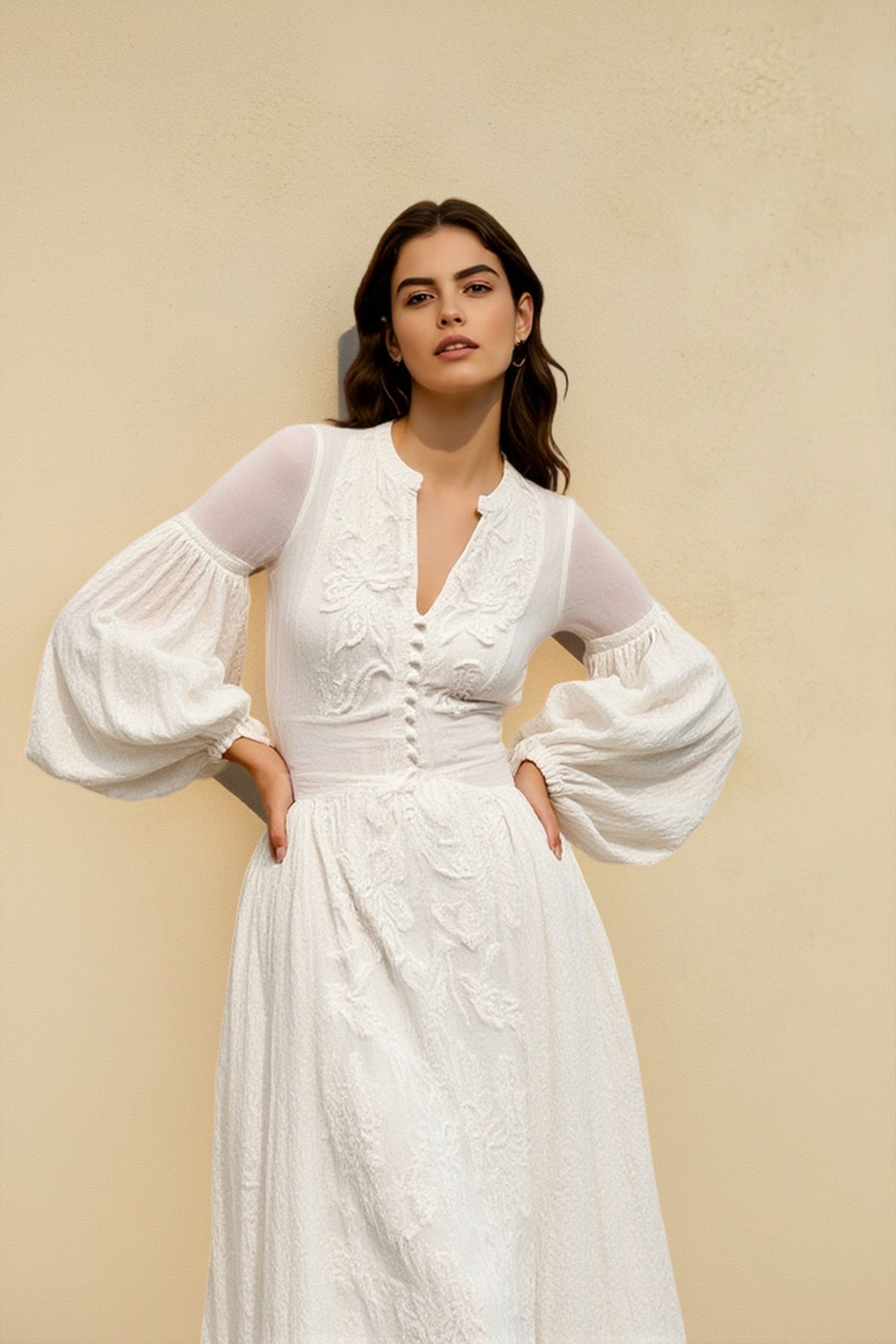 Embroidered Floral Eyelet V-Neck Button Front Bell Sleeve Maxi Dress