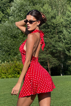 Polka Dot Halter Neck Sleeveless Fit and Flare Mini Dress