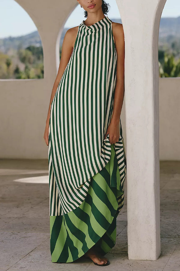 Striped Print Loose Sleeveless Pocket Casual Vacation Maxi Dress