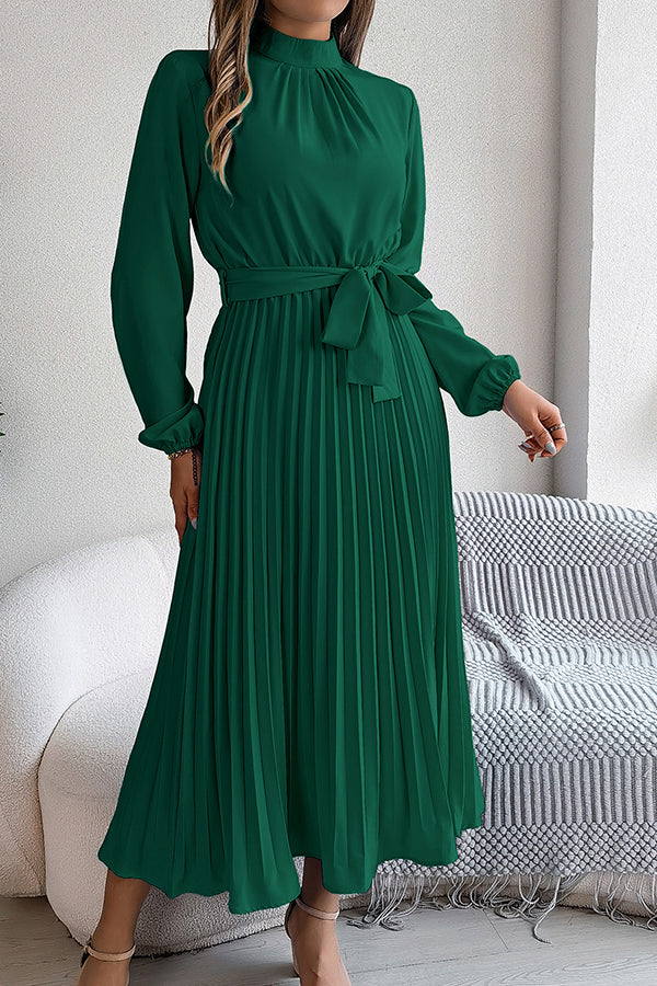 Mock Neck Lantern Sleeve Belted Pleated A-Line Midi Dress