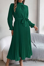 Mock Neck Lantern Sleeve Belted Pleated A-Line Midi Dress