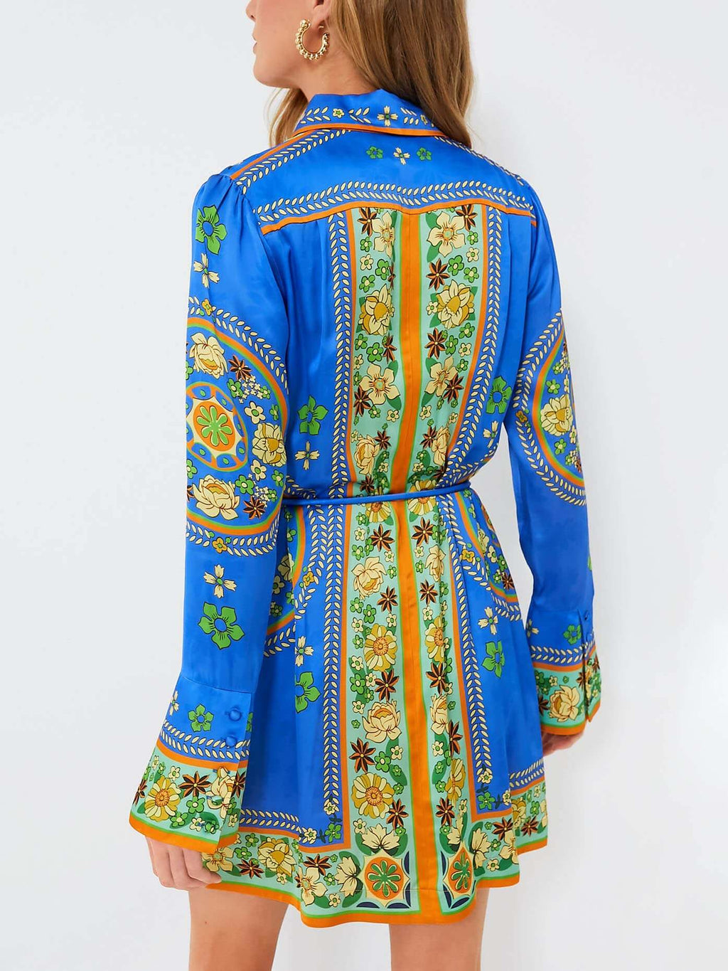 Scarf Print Bell Cuff Collar Button Front Tie Waist Shirt Mini Dress