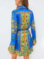 Scarf Print Bell Cuff Collar Button Front Tie Waist Shirt Mini Dress