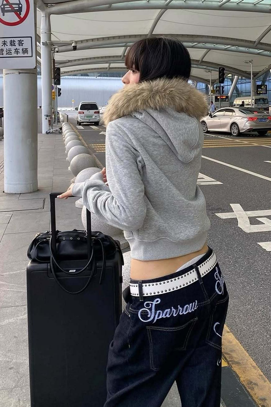 Y2K Flag Print Fur Paneled Casual Hoodie