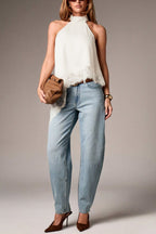Solid Color Satin Sleeveless Lace Hem Loose Top