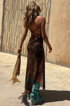 Griselda Exclusive Midi Dress with a Unique Gypsy Style Print, Cowl Neckline At the Back, Lace Up Fastening and Slit Evening Wear Edit