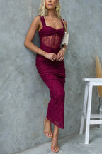 Mesh Panel Twist Front Sweetheart Cut Out Ruched Maxi Dress