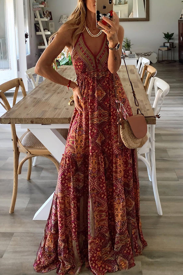 Paisley Print Deep V-Neck Spaghetti Strap Empire Waist Tiered Maxi Dress