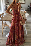 Paisley Print Deep V-Neck Spaghetti Strap Empire Waist Tiered Maxi Dress
