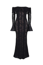 | Off Shoulder Floral Lace Flared Sleeve Fishtail Maxi Dress - White