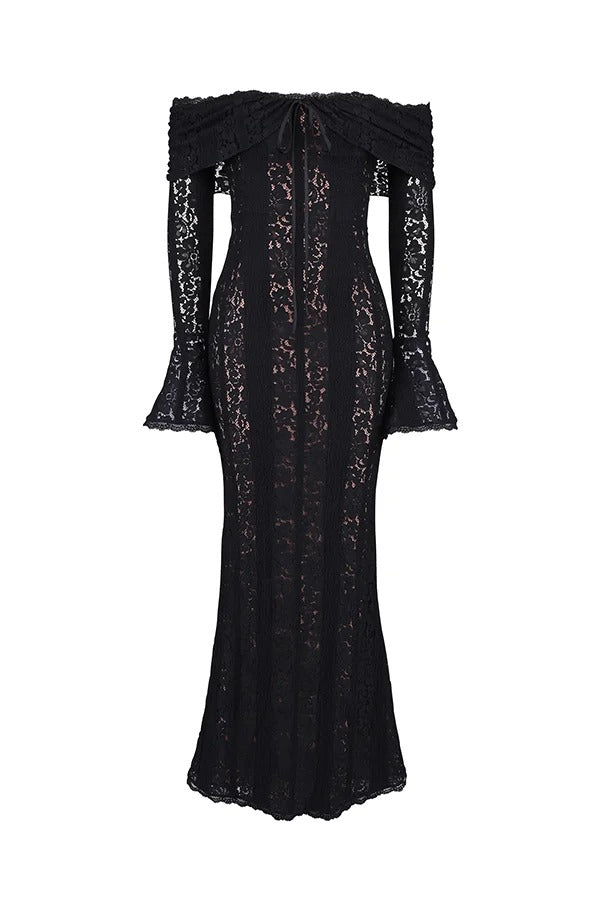 | Off Shoulder Floral Lace Flared Sleeve Fishtail Maxi Dress - White