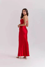 Strapless Corset Pointed Neckline Ruched Hip Satin Column Maxi Gown