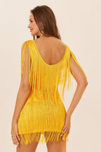 Sleeveless Tassel Trim Fringe Hem Mini Dress