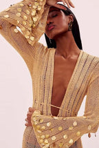 Sequin Knit Deep V-Neck Bell Sleeve Crochet Maxi Dress