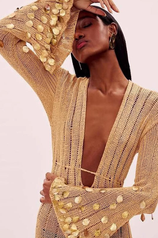 Sequin Knit Deep V-Neck Bell Sleeve Crochet Maxi Dress