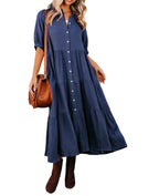 Gauze Button Front Collar Half Sleeve Tiered Pocket Midi Dress