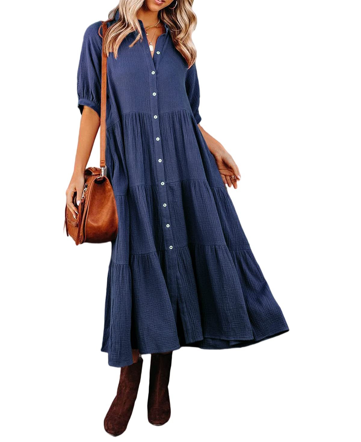 Gauze Button Front Collar Half Sleeve Tiered Pocket Midi Dress