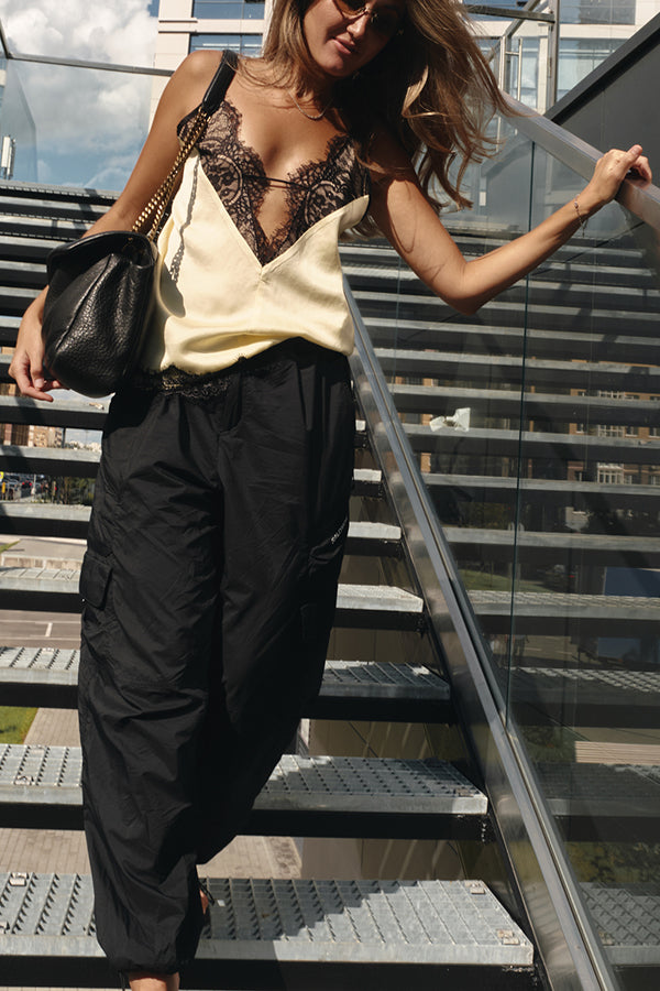 Versatile and Elegant Items Lace Petal Trim Cutout V-neck Slip Loose Tank