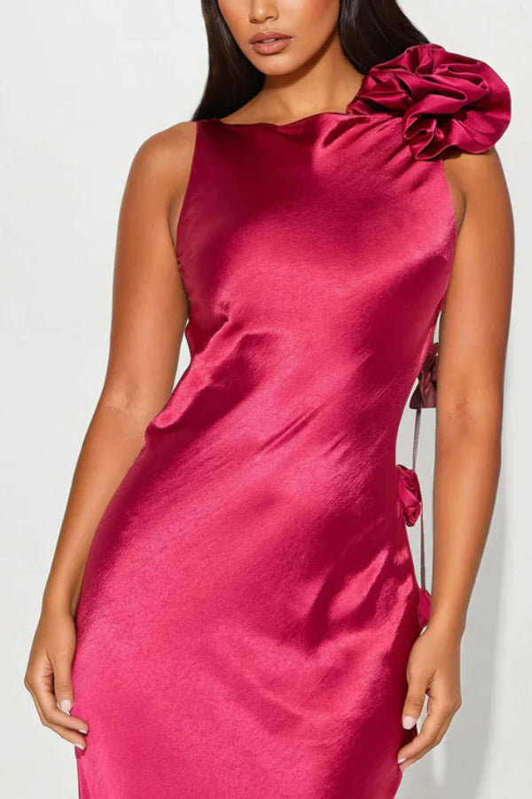 Satin Floral Embellishment Backless Elegant Slim-fit Maxi Dress