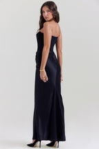 Black satin strapless gown