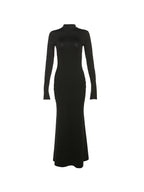 Solid Crew Neck Backless Long Sleeve Maxi Dress