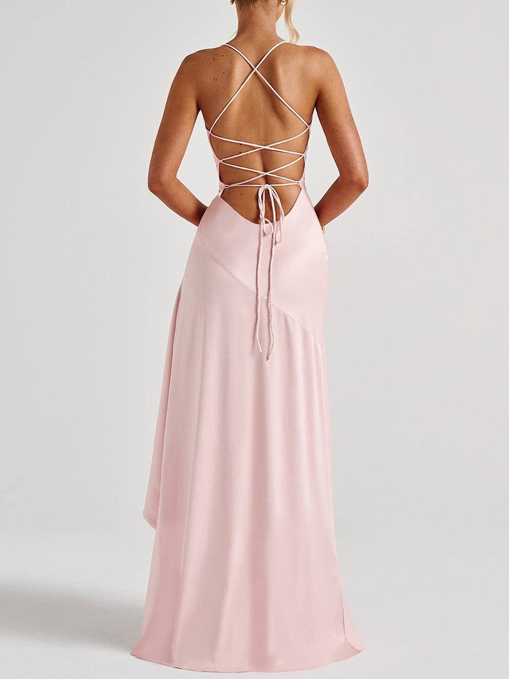 Spaghetti Strap Backless Ruffled Irregular Long Dress
