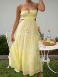 Tiered Spaghetti Strap Tie Front Waist Cut Out Maxi Dress