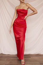 Strapless Cowl Neck Ruched Satin High Slit Maxi Dress