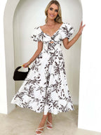 Printed Puff Sleeve Sweetheart Collar Vacation Maxi Dresses