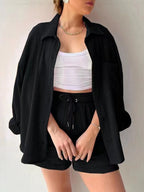 Long-sleeved Shirt And High-waisted Drawstring Shorts Casual Two-piece Set