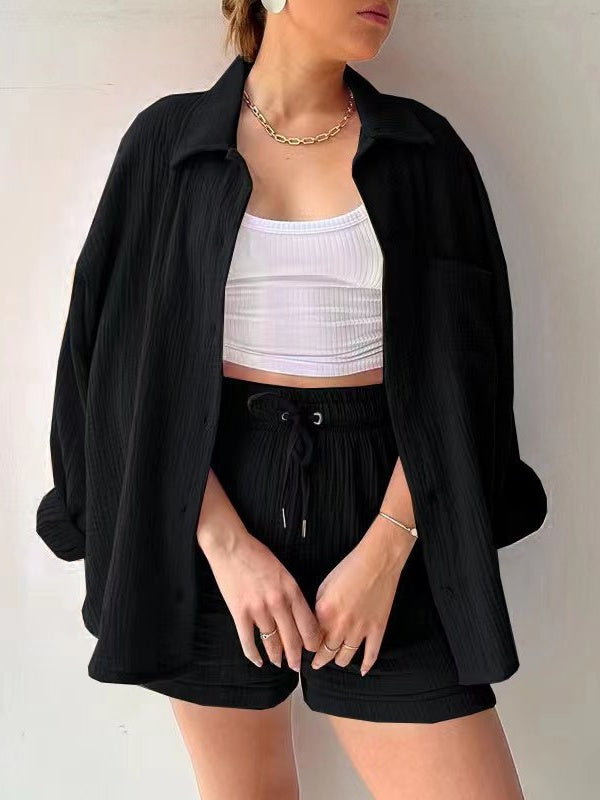 Long-sleeved Shirt And High-waisted Drawstring Shorts Casual Two-piece Set