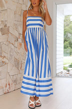 Back Cut Out High Waist Striped Maxi Cami Dress