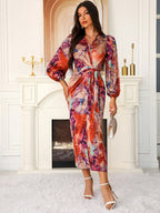 Printed V-neck Cardigan With Belt Midi Dresses