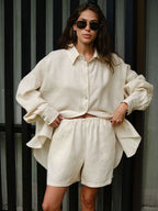 Pure Cotton Loose-fit Long-sleeved Shirt Loose Shorts Set 2-piece Sets