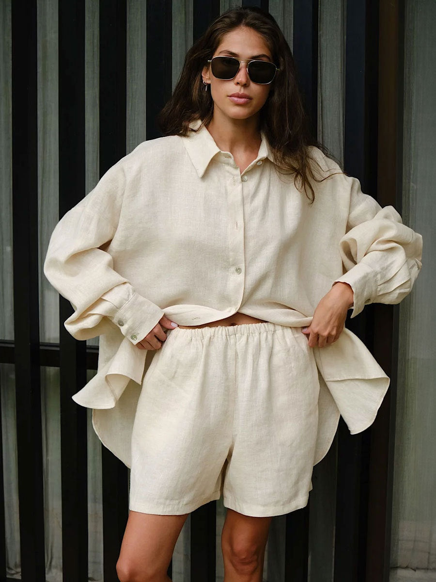 Pure Cotton Loose-fit Long-sleeved Shirt Loose Shorts Set 2-piece Sets