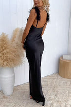 Feather Straps Backless Solid Maxi Party Dress