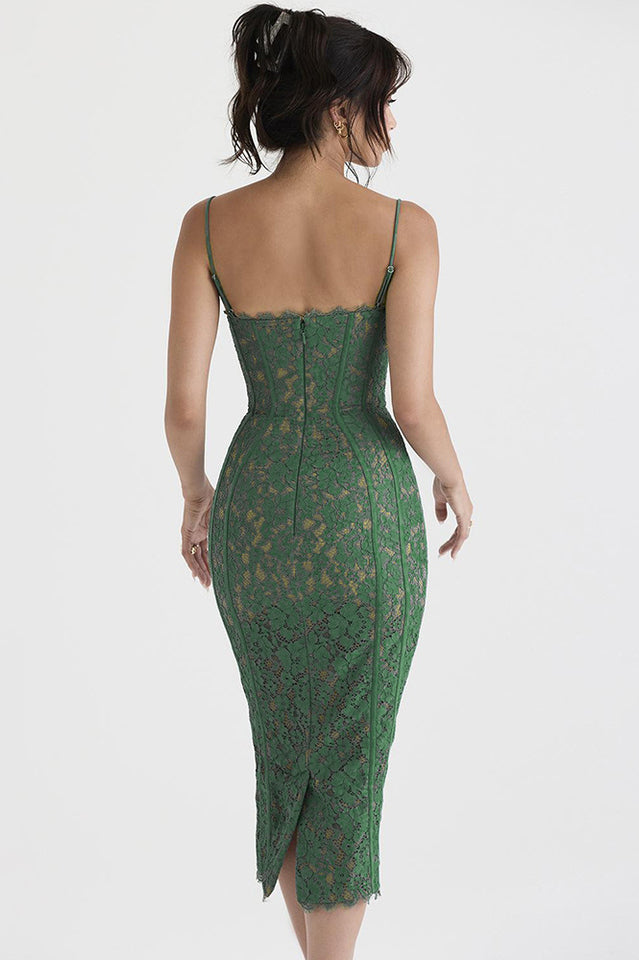 Floral Lace Underwire Corset Spaghetti Strap Paneled Seam Midi Dress