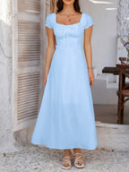 Tie-waist Ruched Puff Sleeve Long Dress