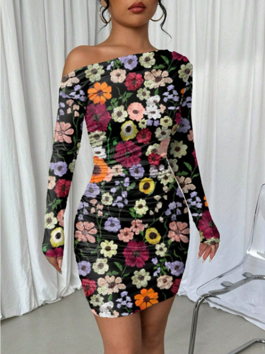 Pleated Slim-fit Hip-hugging Slant Collar Printed Mini&Short Dresses