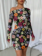 Pleated Slim-fit Hip-hugging Slant Collar Printed Mini&Short Dresses